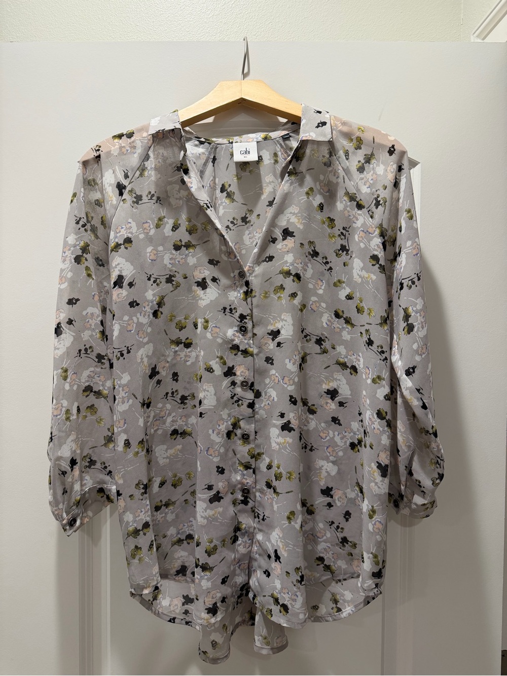 CAbi Light Gray Floral Button-Down Blouse with Olive and Black Accents